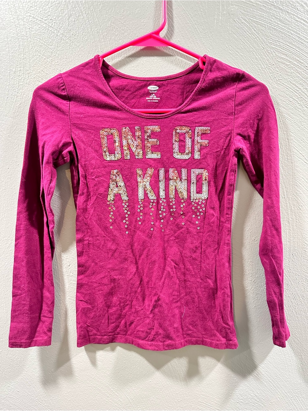 Old Navy Hot Pink Long Sleeve Tee with Sequin 'ONE OF A KIND'